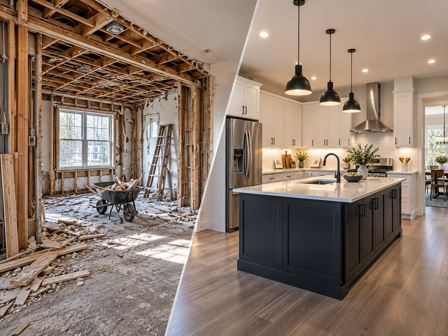 Rehabilitation work showing a finished kitchen beside active renovation